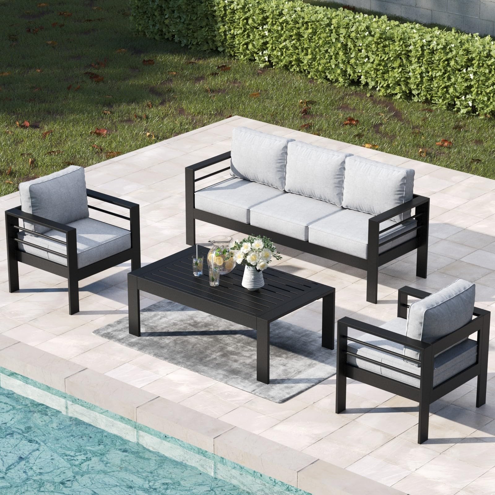 Aeeiua 4 Pieces Aluminum Outdoor Patio Furniture Set with Coffee Table, Modern Metal Conversation Sofa Set with Deep Seating