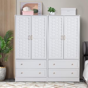 LEVNARY Armoire Wardrobe Closet, White Wardrobe Cabinet with 2 Woven Doors and 2 Storage Drawers, Freestanding Hanging Rail Closet for Bedroom (White)