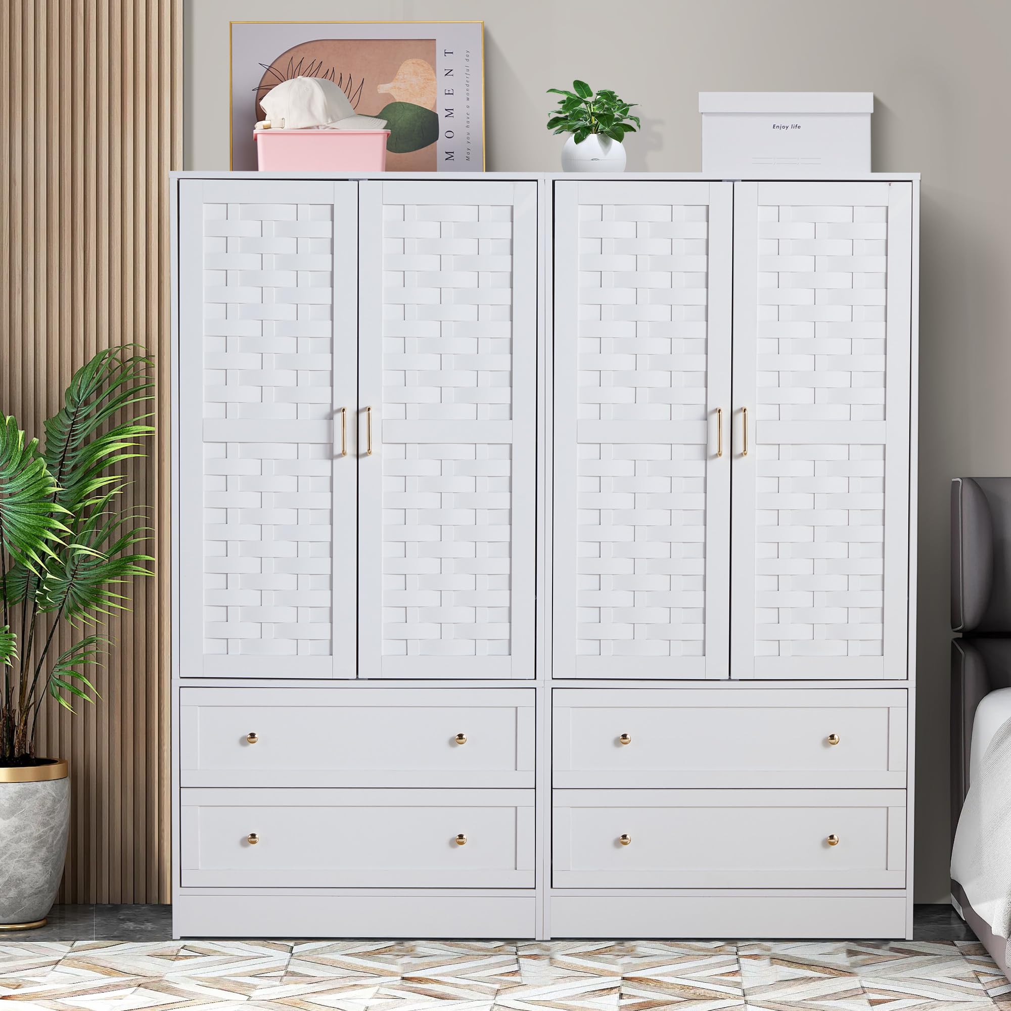 LEVNARY Armoire Wardrobe Closet, White Wardrobe Cabinet with 2 Woven Doors and 2 Storage Drawers, Freestanding Hanging Rail Closet for Bedroom (White)