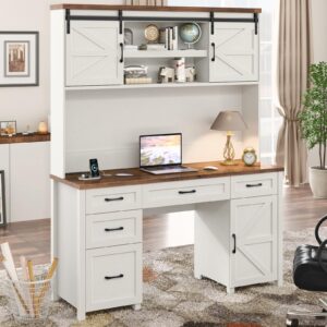 farmhouse 67" h executive desk with hutch,office desk with 5 drawers, computer desk with storage cabinet & file drawers and charging station, wood workstation for home office and study