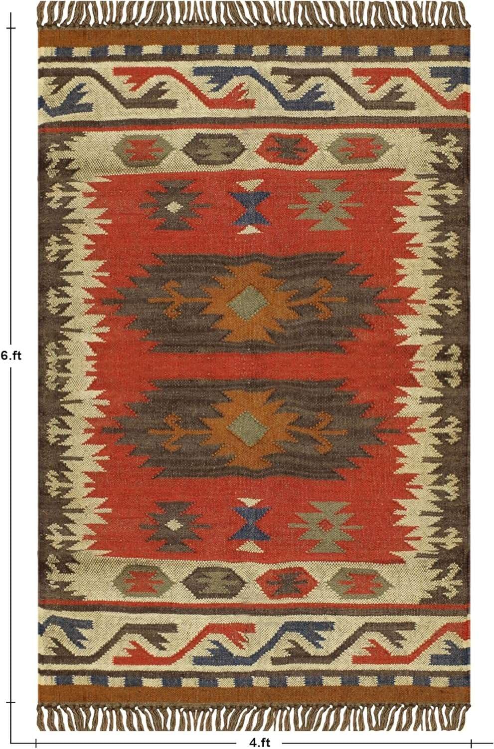 RamVicraft 6x9 Kilim Wool Jute Rug, Natural Handmade Area Rug for Bedroom, Living Room, Dining Room, Hallway, Office, Kitchen, Entryway Carpet for Decorative Use (D-1)