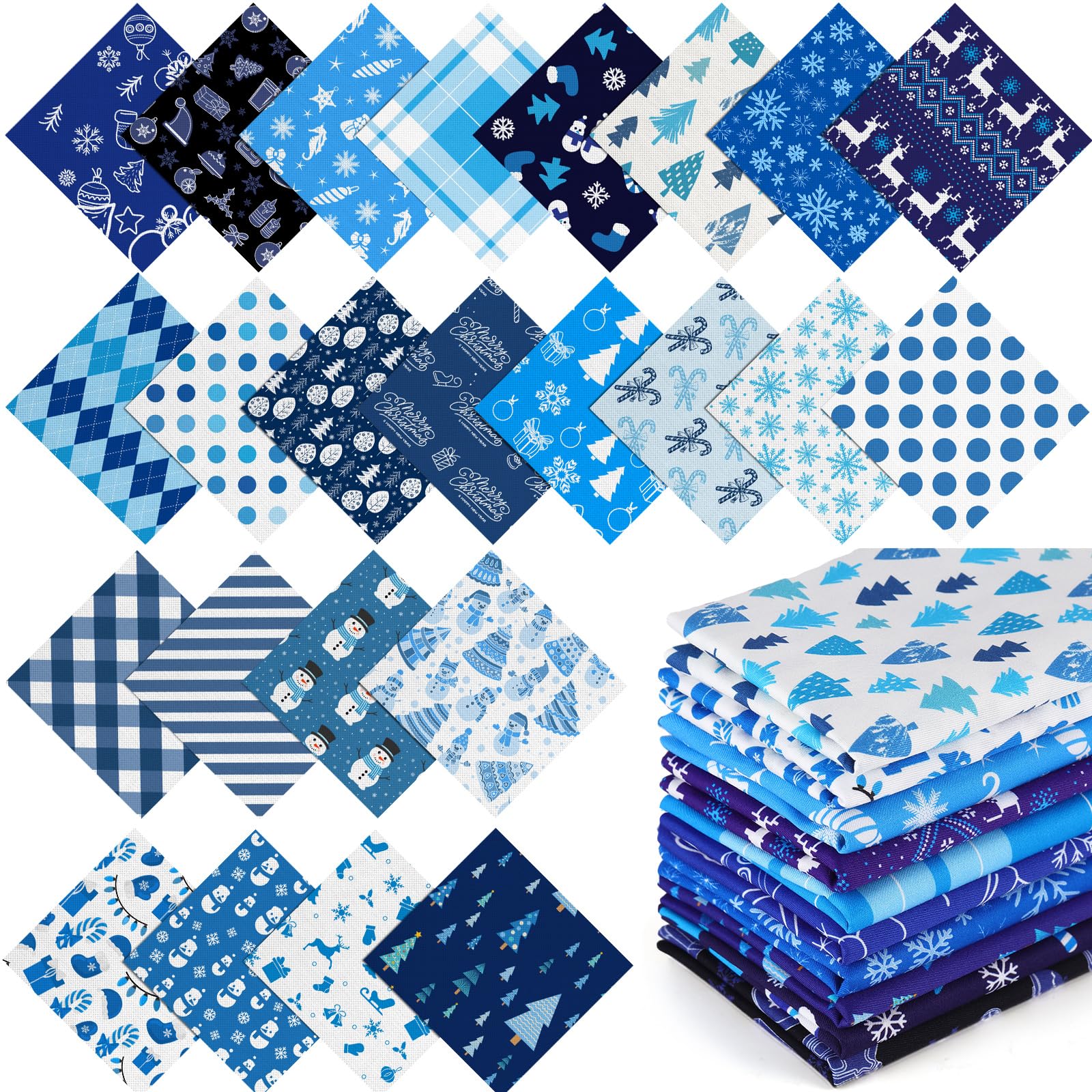 Hicarer 100 Pcs 5 x 5 Inch Christmas Cotton Fabric Square Winter Blue White Quilting Fabric Bundles Patchwork Snowflake Reindeer 25 Styles Christmas Printed Fat Quarter for Xmas Sewing DIY Crafts