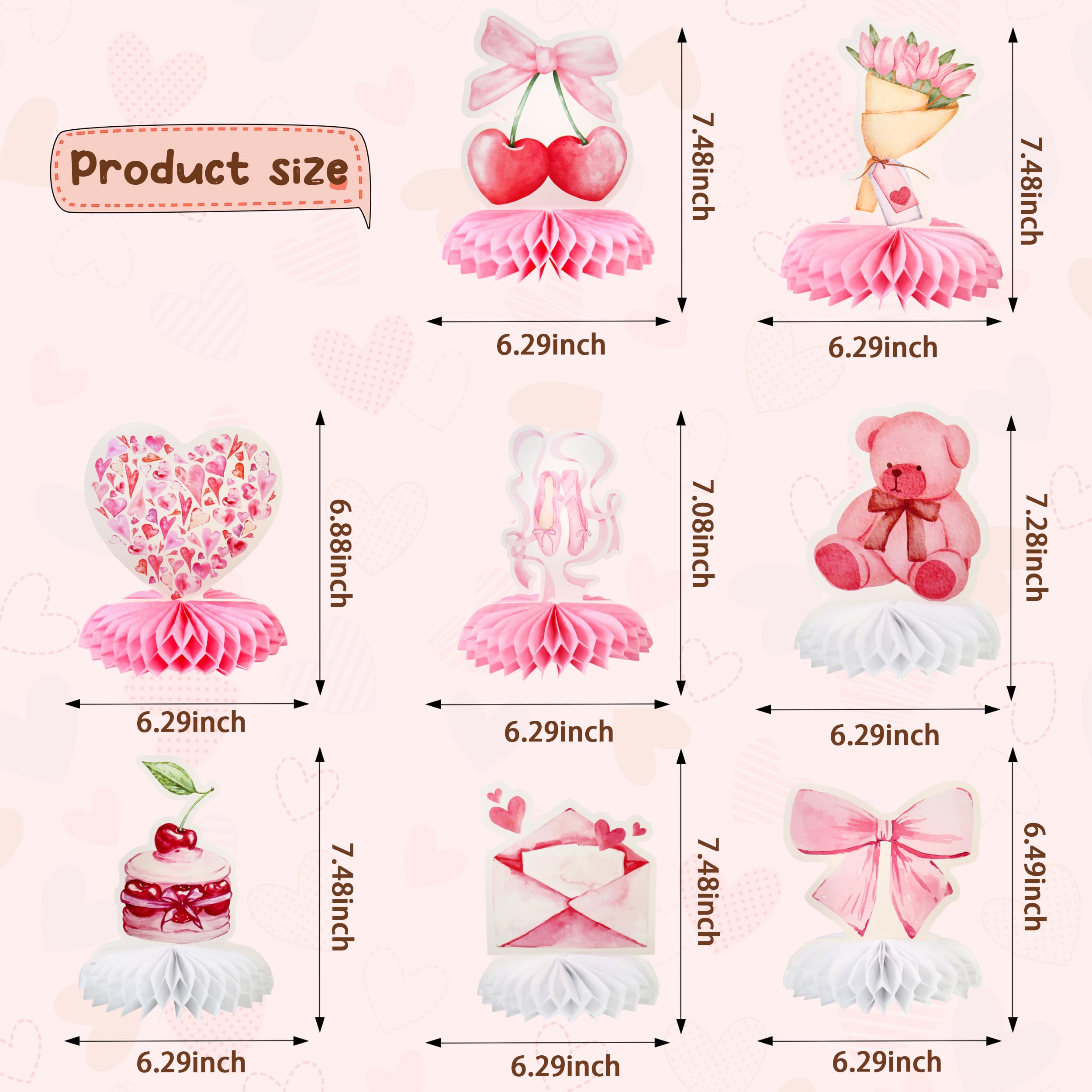 GiiezQia 8 Pcs Coquette Pink Bow Party Honeycomb Centerpieces Decorations Cherry Cake Ballet Heart Cutouts Table Toppers for Girls Birthday Baby Shower Bridal Bachelorette Engagement Wedding Decor