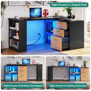 YITAHOME L Shaped Desk with Drawers, 59" Corner Computer Desk with Power Outlets & LED Lights, 360 Rotating Corner Desk Office Desk with Bookshelf, Wood Desk, Black