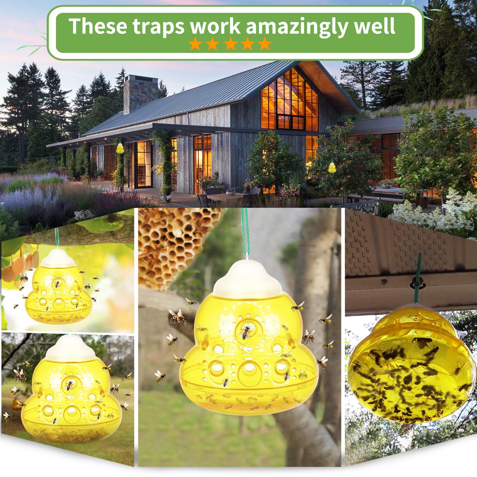 Wasp Trap for Outdoors, Effective Yellow Jacket and Hornet Catcher, Non-Toxic Reusable Hanging Bee Trap, Durable Outdoor Insect Killer - Yellow, 2 Pack