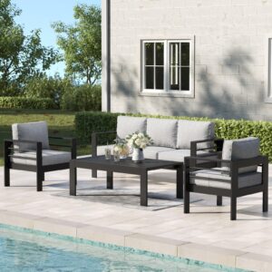 Aeeiua 4 Pieces Aluminum Outdoor Patio Furniture Set with Coffee Table, Modern Metal Conversation Sofa Set with Deep Seating