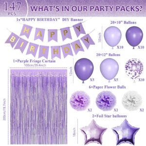 147Pcs Ombre Purple Party Decors Gradient Pastel Purple Plates Tableware Set Party Supplies Light Purple Balloons Banner Tinsel Foil Fringe Curtains Kit for Girls Women Birthday Wedding Party Favor