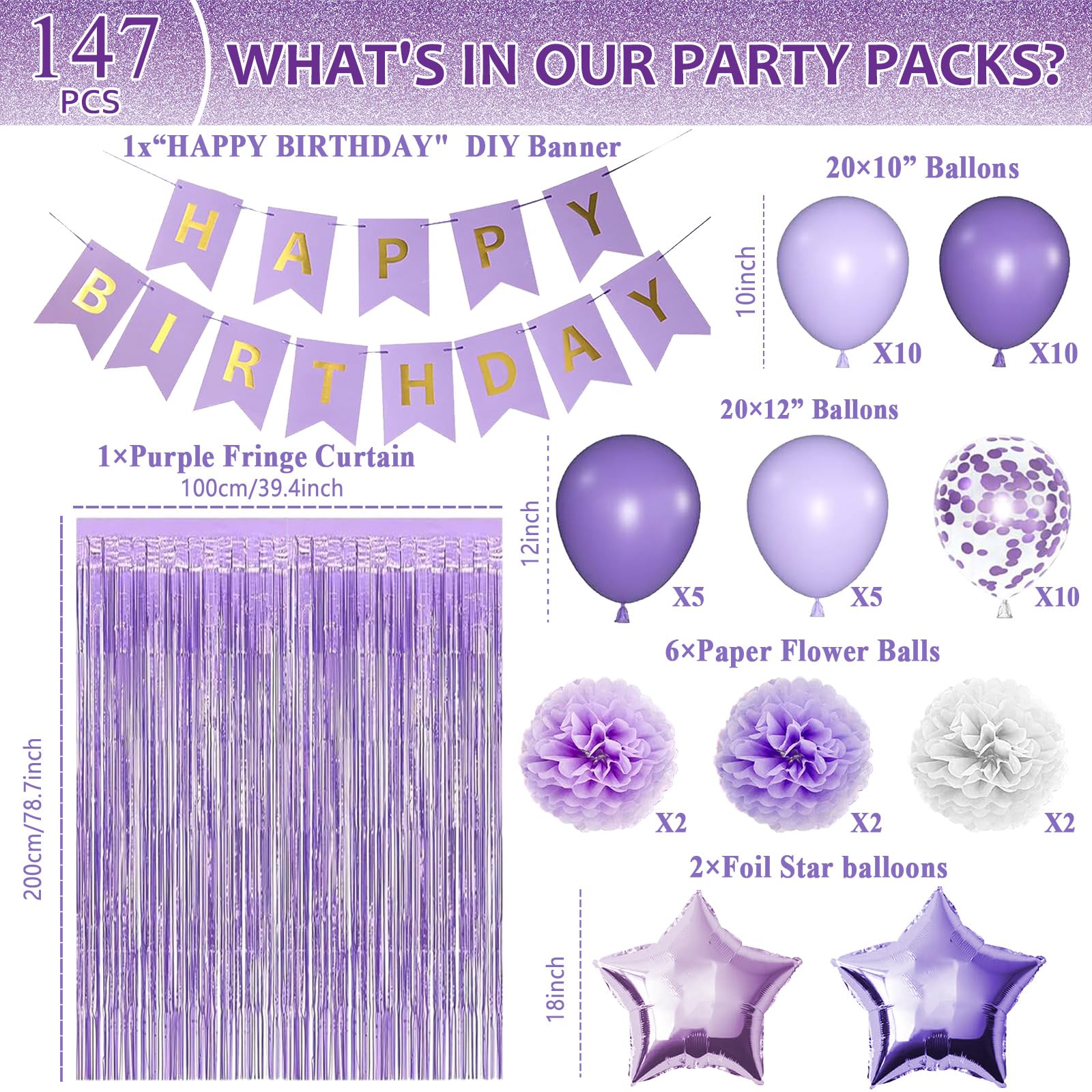 147Pcs Ombre Purple Party Decors Gradient Pastel Purple Plates Tableware Set Party Supplies Light Purple Balloons Banner Tinsel Foil Fringe Curtains Kit for Girls Women Birthday Wedding Party Favor