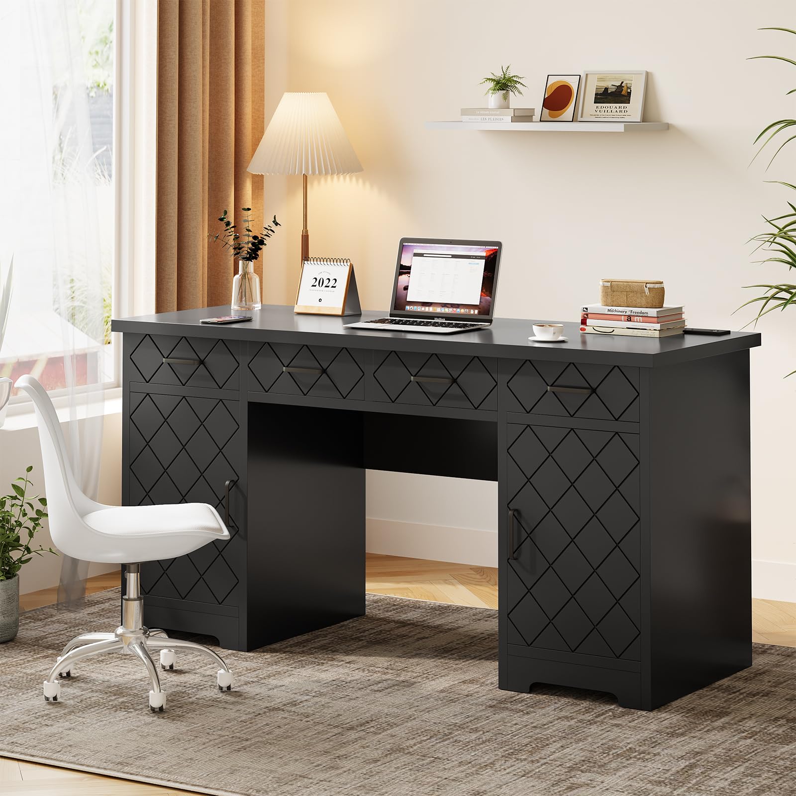 GarveeHome Executive Desk with Drawers, 55" Computer Desk with Power Outlets and Cabinet, Wood Home Office Study Writing Desk