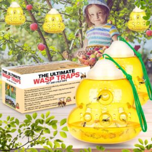 wasp trap for outdoors, effective yellow jacket and hornet catcher, non-toxic reusable hanging bee trap, durable outdoor insect killer - yellow, 2 pack