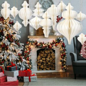 Cinnvoice 12 Pcs Christmas Large White Hanging Honeycomb Balls Jumbo 3D Paper Christmas Tree Ornaments Decorative Lantern Honeycomb Decorations for Holiday Winter Wedding Xmas Party Wonderland Decor