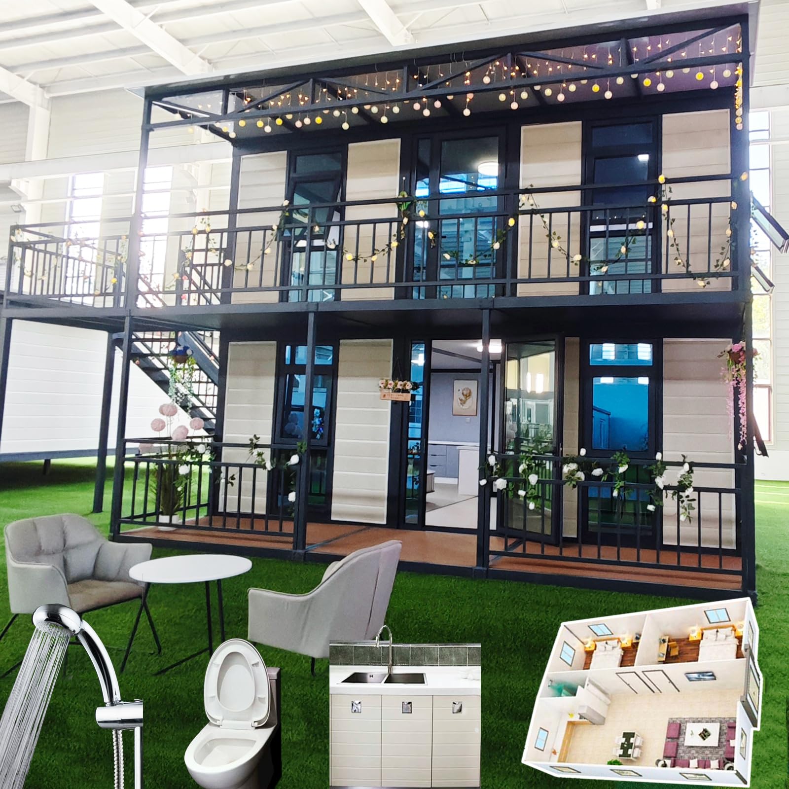 Double Story Fully Equipped Bathroom 20ft 2 bedrooms prefab Expandable Container House 20ft Luxury Home Stairs with Toilet, Kitchen, Bathroom, Living Room