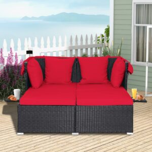 LDAILY Moccha Outdoor Daybed with Retractable Canopy, Wicker Cabana with 2 Side Tables & Soft Cushions,Hand-Woven PE Rattan Bed Lounger, Patio Sectional Furniture Set for Garden Backyard Porch (Red)