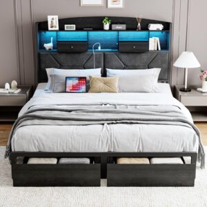 dogibixo queen size black bed frame with 4 storage, upholstered velvet platform bed frames with button tufted headboard led lights, wooden slats support, no box spring needed, black