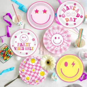 48PCS Preppy Party Supplies 7inch Pink Smile Face Paper Plates Preppy Smile Face Party Tableware Set Pink Preppy Plates for Baby Shower Birthday Y2k Party Decorations