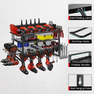 Spaclear Power Tool Organizer Wall Mount with Charging Station Garage Tools and Battery Storage Rack 4 Layer 6 Drill Holder Utility Rack Tool Shelf with Screwdriver/Plier/Hammer Holder Gift for Men