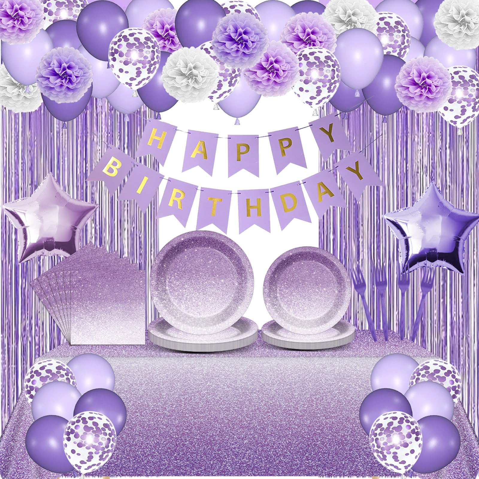 147Pcs Ombre Purple Party Decors Gradient Pastel Purple Plates Tableware Set Party Supplies Light Purple Balloons Banner Tinsel Foil Fringe Curtains Kit for Girls Women Birthday Wedding Party Favor