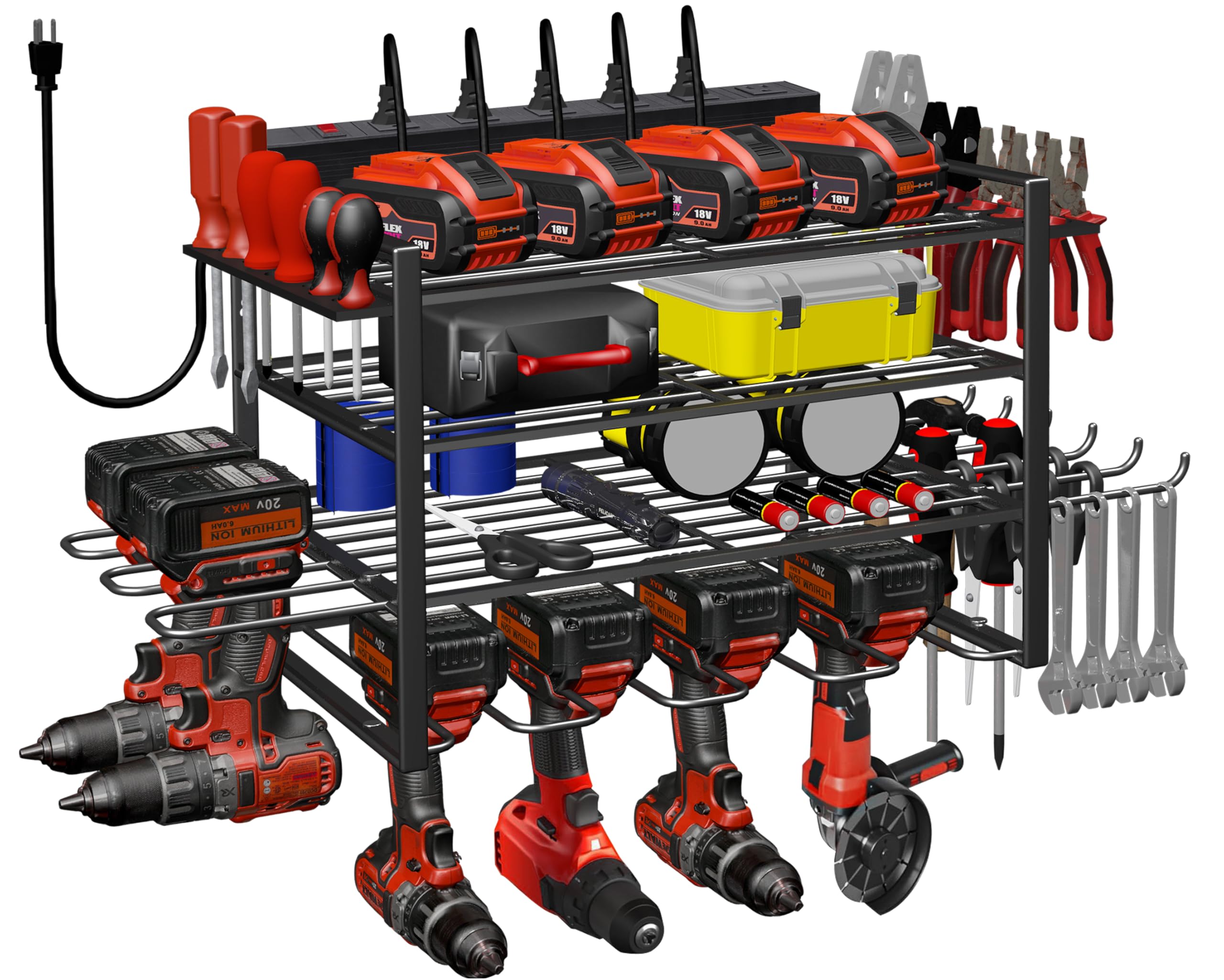 Spaclear Power Tool Organizer Wall Mount with Charging Station Garage Tools and Battery Storage Rack 4 Layer 6 Drill Holder Utility Rack Tool Shelf with Screwdriver/Plier/Hammer Holder Gift for Men