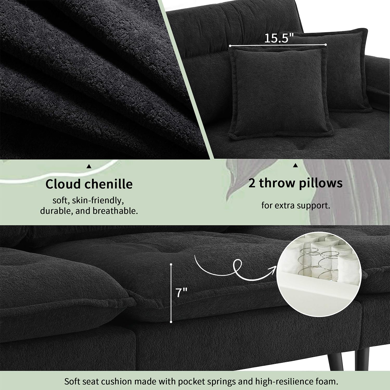 Suheww Black l Shaped Cloud Couch 3 Seater with Ottoman Set, Modern Chenille Sofa Sleeper Cloud Convertible Sectional Sofa, Comfy Cloud Couch l-Shape Extra Deep Seat Sofa Couch for Living Room