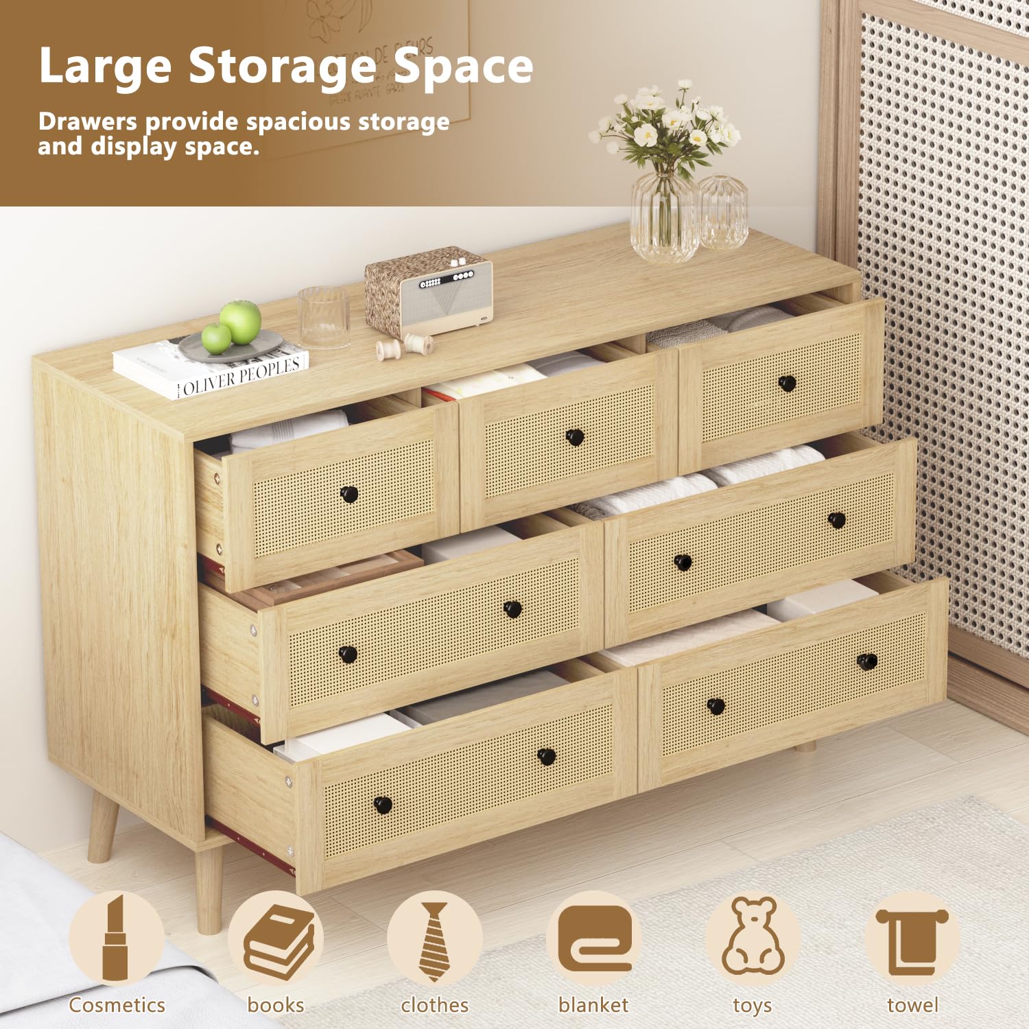 HOUROM Natural Rattan Dresser for Bedroom, Boho Wood Durable Dressers & chests of Drawers with Gold Handles, Modern Wood 7 Drawer Dresser for Bedroom