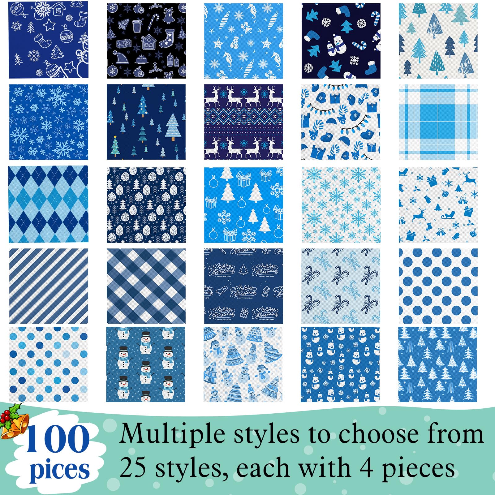 Hicarer 100 Pcs 5 x 5 Inch Christmas Cotton Fabric Square Winter Blue White Quilting Fabric Bundles Patchwork Snowflake Reindeer 25 Styles Christmas Printed Fat Quarter for Xmas Sewing DIY Crafts