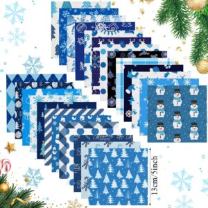 Hicarer 100 Pcs 5 x 5 Inch Christmas Cotton Fabric Square Winter Blue White Quilting Fabric Bundles Patchwork Snowflake Reindeer 25 Styles Christmas Printed Fat Quarter for Xmas Sewing DIY Crafts