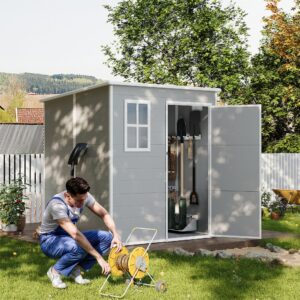 UDPATIO Outdoor Storage Shed 6 x 6 FT, Resin Garden Sheds Plastic Patio Outdoor Storage with Lockable Door for Tool, Bike, Garbage Can Gray White