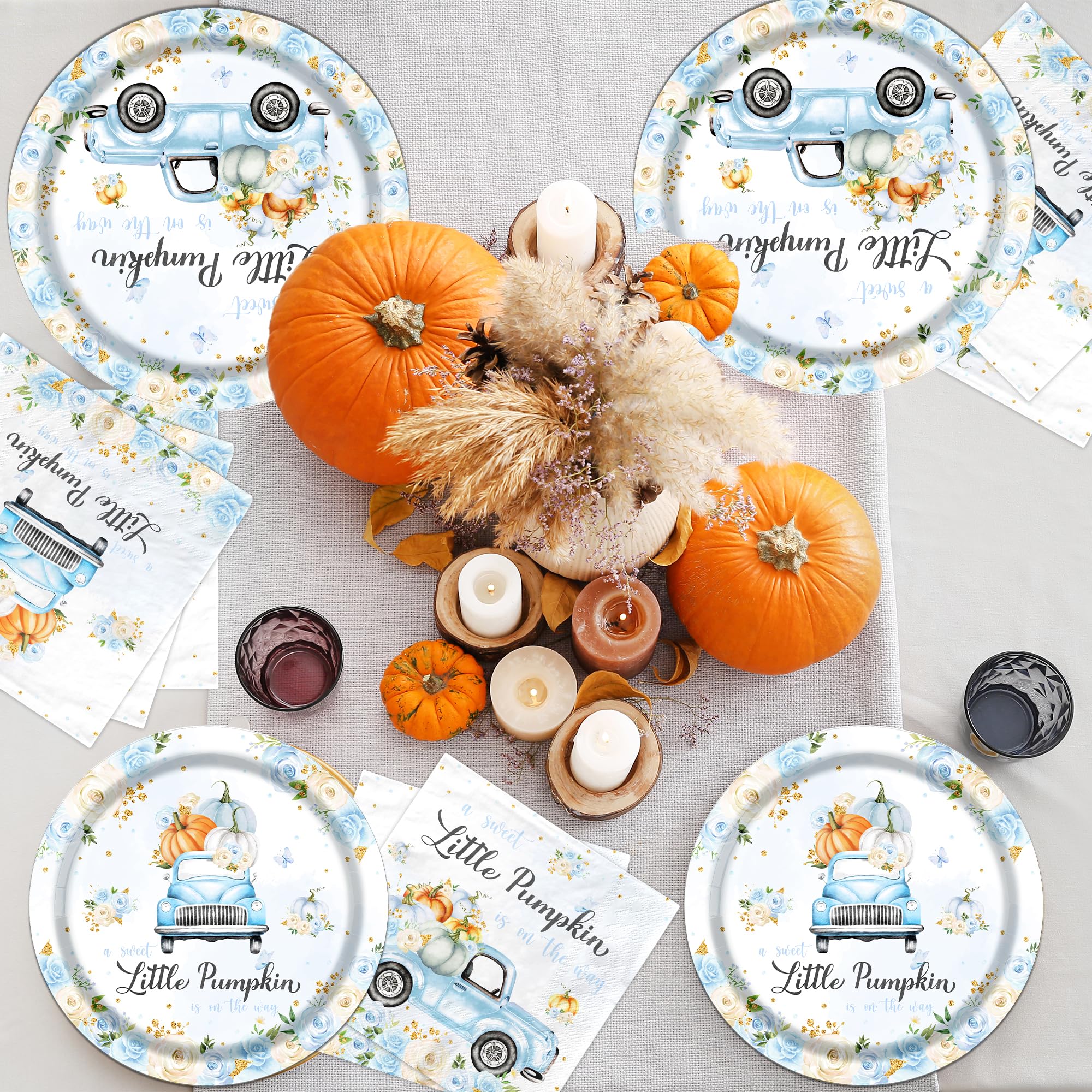 Little Pumpkin Paper Plates and Napkin Pumpkin Baby Shower Party Decorations for Boy A Little Sweet Pumpkin is On The Way Blue Floral Truck Disposable Tableware Party Supplies Favor for 25 Guests