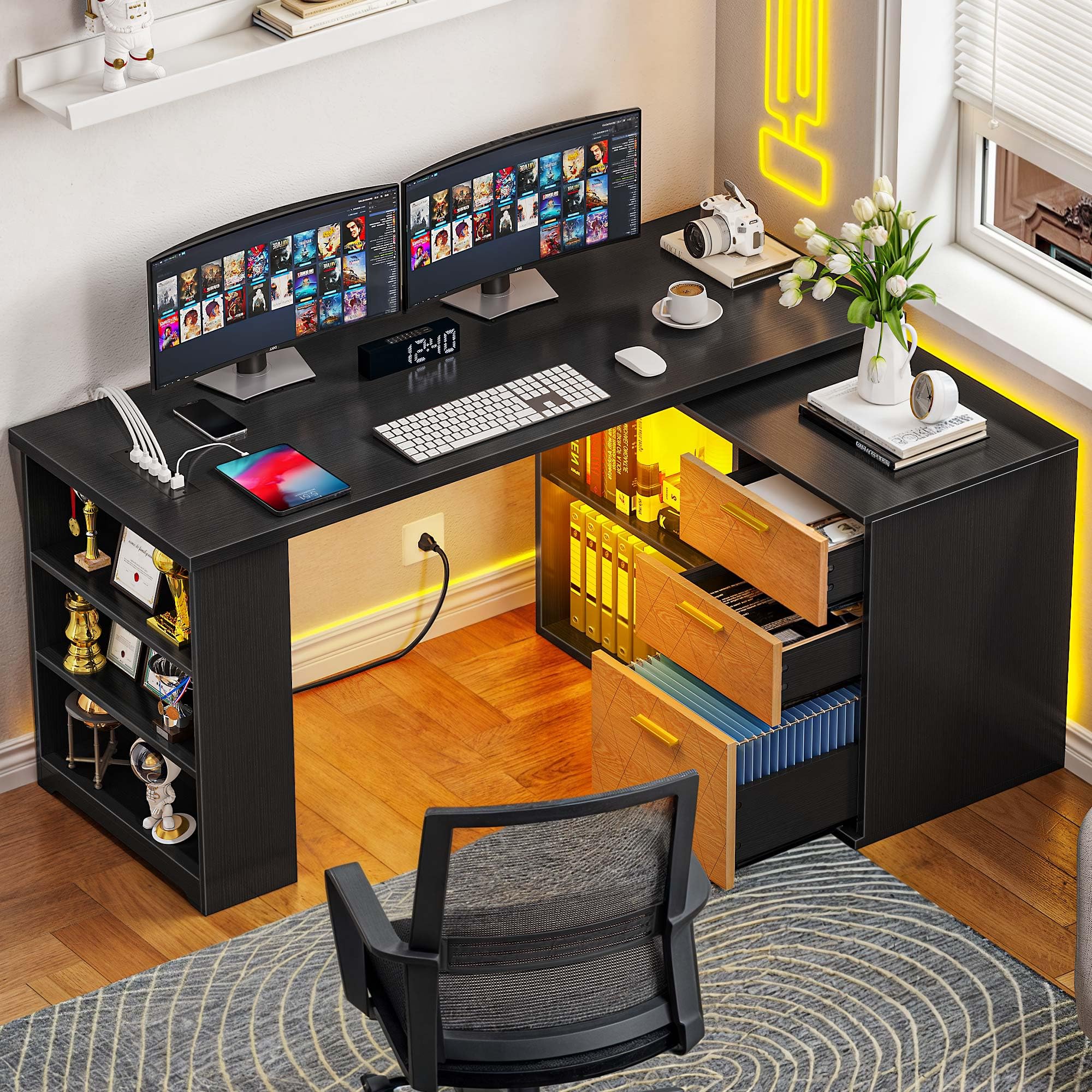 YITAHOME L Shaped Desk with Drawers, 59" Corner Computer Desk with Power Outlets & LED Lights, 360 Rotating Corner Desk Office Desk with Bookshelf, Wood Desk, Black