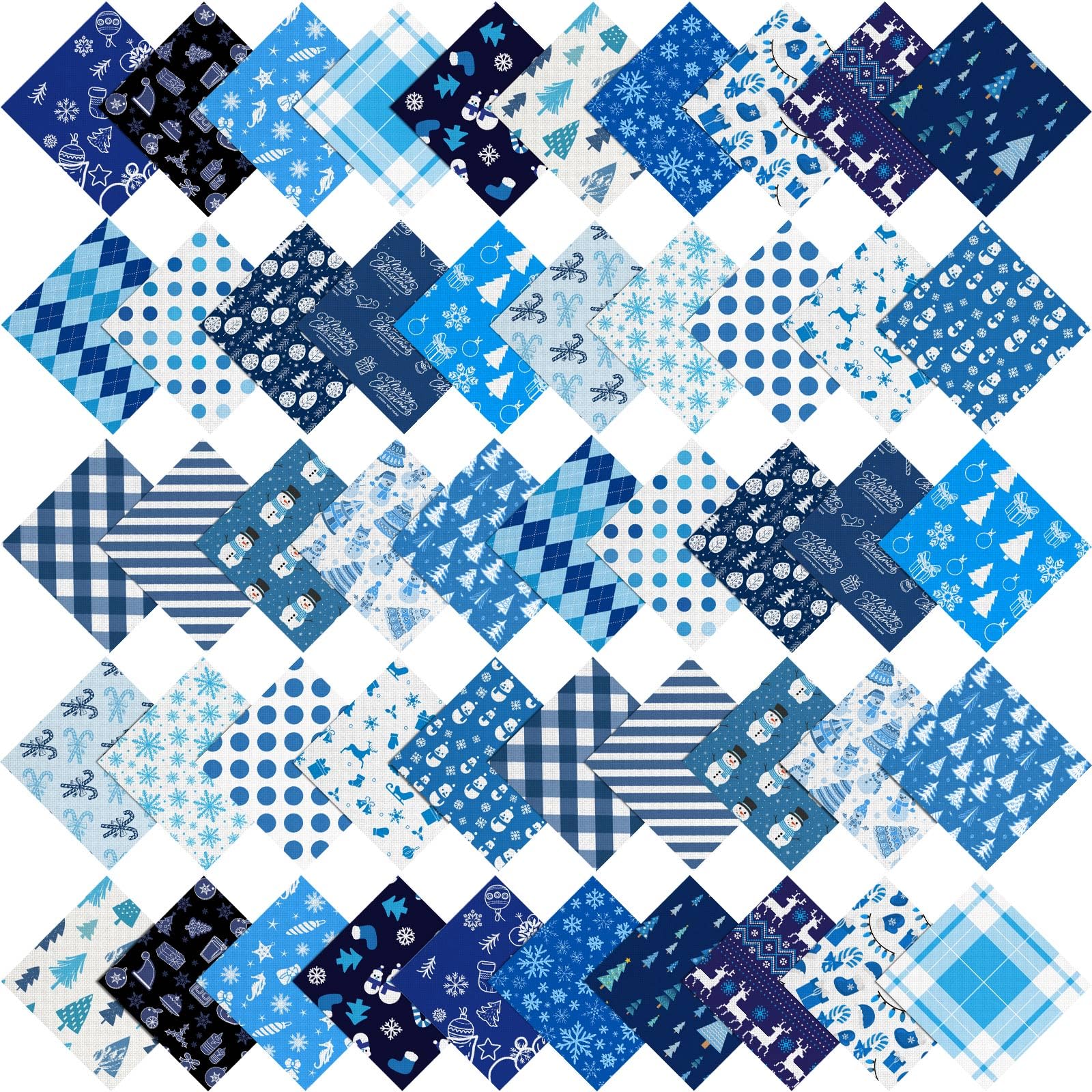 Hicarer 100 Pcs 5 x 5 Inch Christmas Cotton Fabric Square Winter Blue White Quilting Fabric Bundles Patchwork Snowflake Reindeer 25 Styles Christmas Printed Fat Quarter for Xmas Sewing DIY Crafts