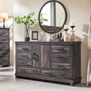 Farmhouse 8 Drawer Dresser for Bedroom - 54 Inch Wide Dresser TV Stand with Storage & Adjustable Shelves, Wood Dressers & Chests of Drawers for Closet, Dark Rustic Oak