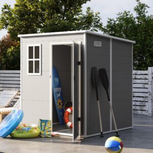 UDPATIO Outdoor Storage Shed 6 x 6 FT, Resin Garden Sheds Plastic Patio Outdoor Storage with Lockable Door for Tool, Bike, Garbage Can Gray White