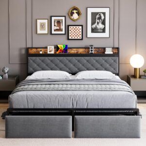 coucheta queen bed frame with headboard and 2 drawers, metal platform with usb ports and outlets, led lighting, noise-free design, no box spring needed, grey