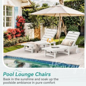 Homenjoy Chaise Lounge Chair Outdoor with Table, 3-Piece, HDPS Material, Outdoor Pool Lounge Chairs with 5-Position Backrest, Patio Lounge Chair with Wheels for Outside, Poolside, Beach, White