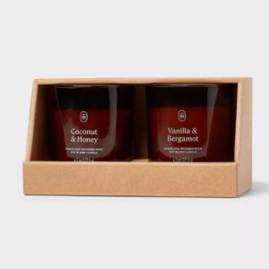 Gift Set of 2 Amber Glass Jar Candles - Vanilla & Bergamot and Coconut & Honey, 4.5 oz Each