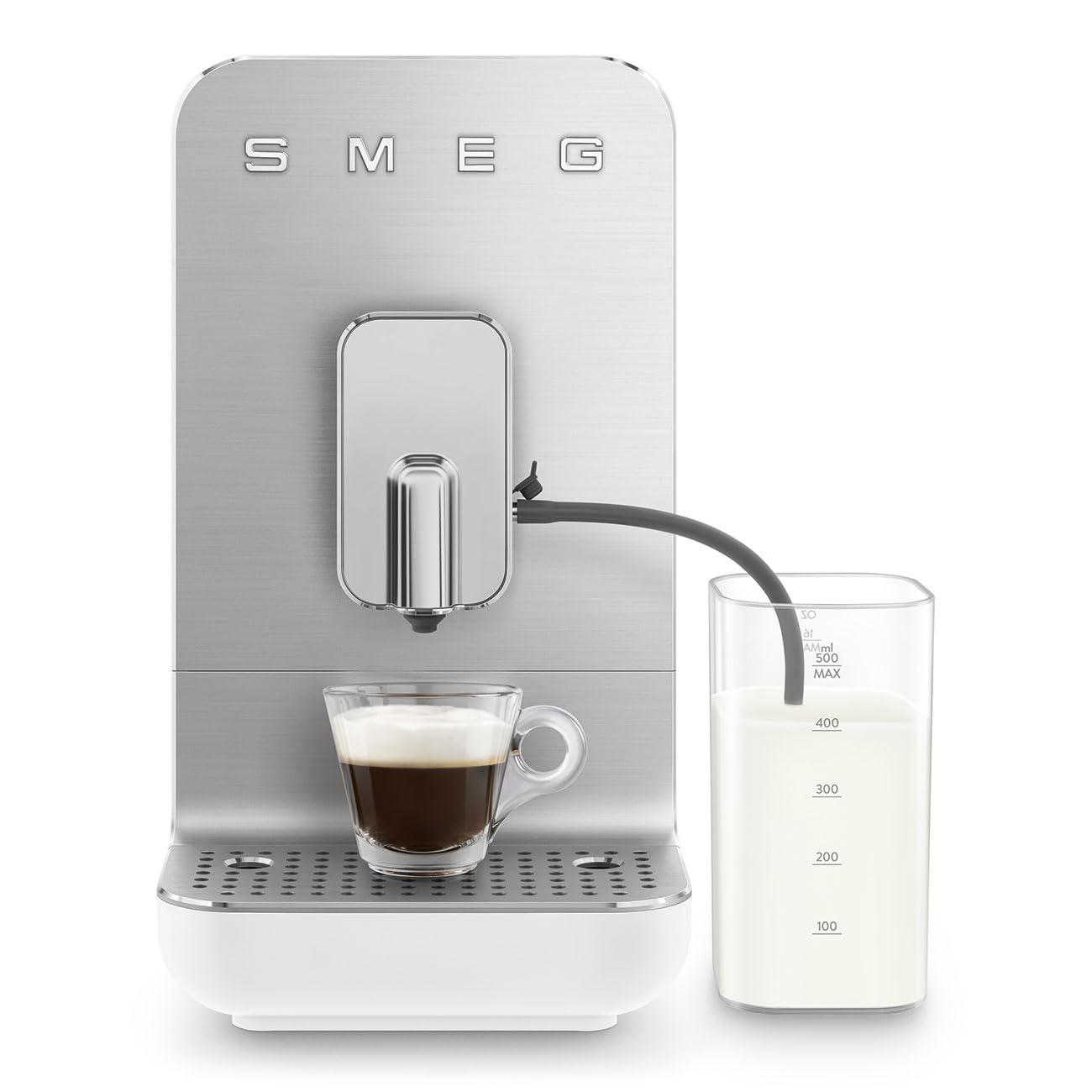 SMEG NEW Fully Automatic Espresso Machine w/Integrated Milk Frothing and Coffee Grinder 10 Preset Beverages 19 Bars of Pressure Space Saving Energy Efficient Thermoblock Heating BCC13WHMUS Matte White