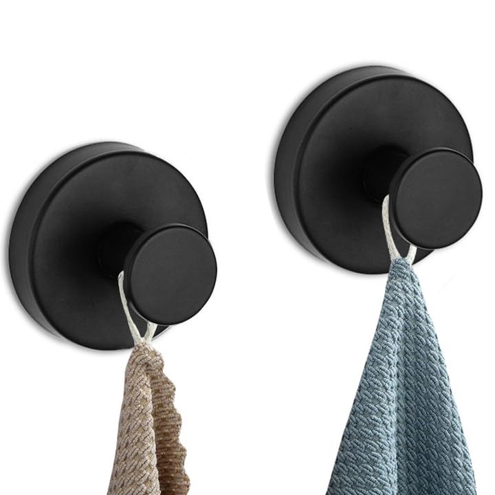 BCXYDQVQ Suction Cup Hooks for Shower, Bathroom, Hanging Towels, Robe, Loofah, Mounting on Glass Shower Doors, Bath Robe Hook Holder for Hanging up to 20 lbs,Tile, Mirrors, Matte Black, 2 Pack