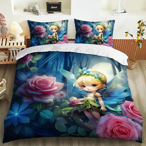 AILONEN Cartoon Fairy Duvet Cover Set King Size, Beautiful Fairy Princess Comforter Cover,Pink Rose Theme Bedding Set for Kids,Girls,3-Piece,1 Quilt Cover and 2 Pillowcases