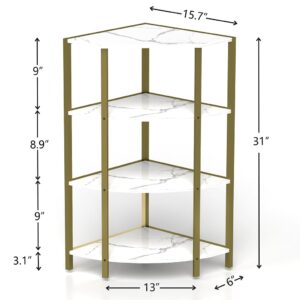 AMZOSS 4 Tier Corner Shelf Stand, Kitchen Shelf Organizer with Faux Marble Shelf and Gold Metal Frame, Freestanding Corner Shelf Display Rack for Living Room, Bathroom, Kitchen, Small Space