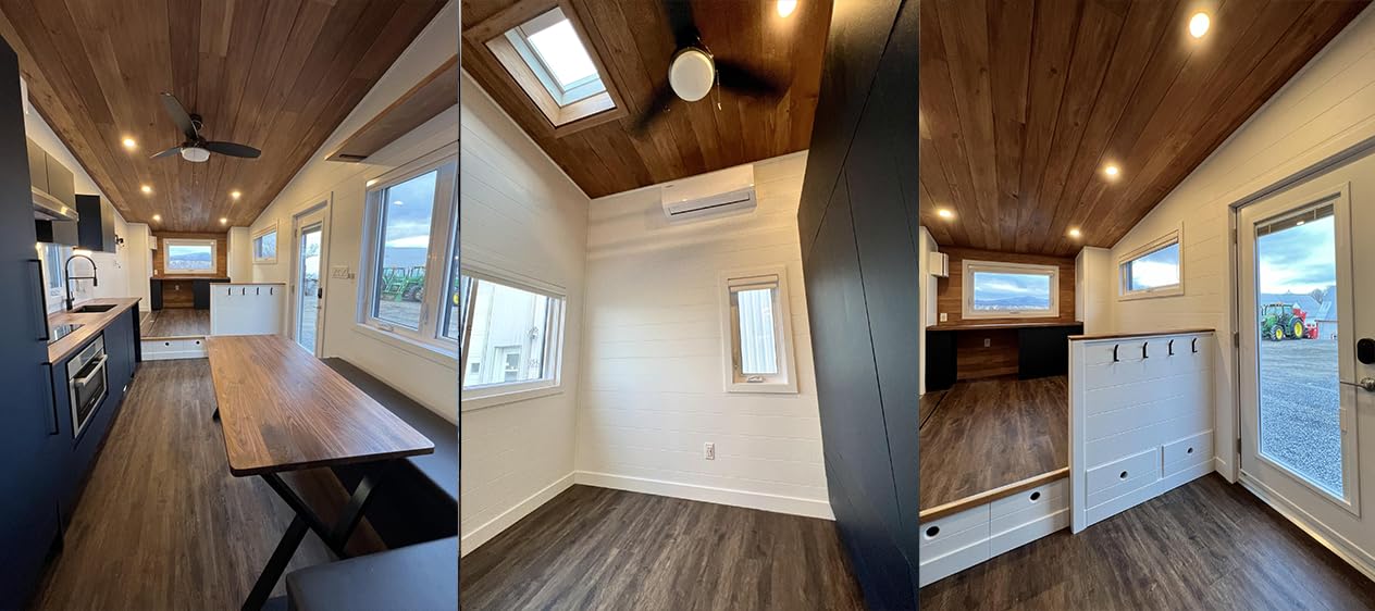 Tiny RV Mobile House with Downstairs Bedroom, Loft, Full Kitchen & Bathroom - Family-Friendly Design with Upraised Living Area, Cedar/Steel Exterior, Double-Pitched Roof - Perfect for Full-Time Living