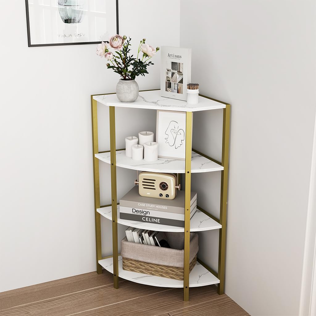 AMZOSS 4 Tier Corner Shelf Stand, Kitchen Shelf Organizer with Faux Marble Shelf and Gold Metal Frame, Freestanding Corner Shelf Display Rack for Living Room, Bathroom, Kitchen, Small Space