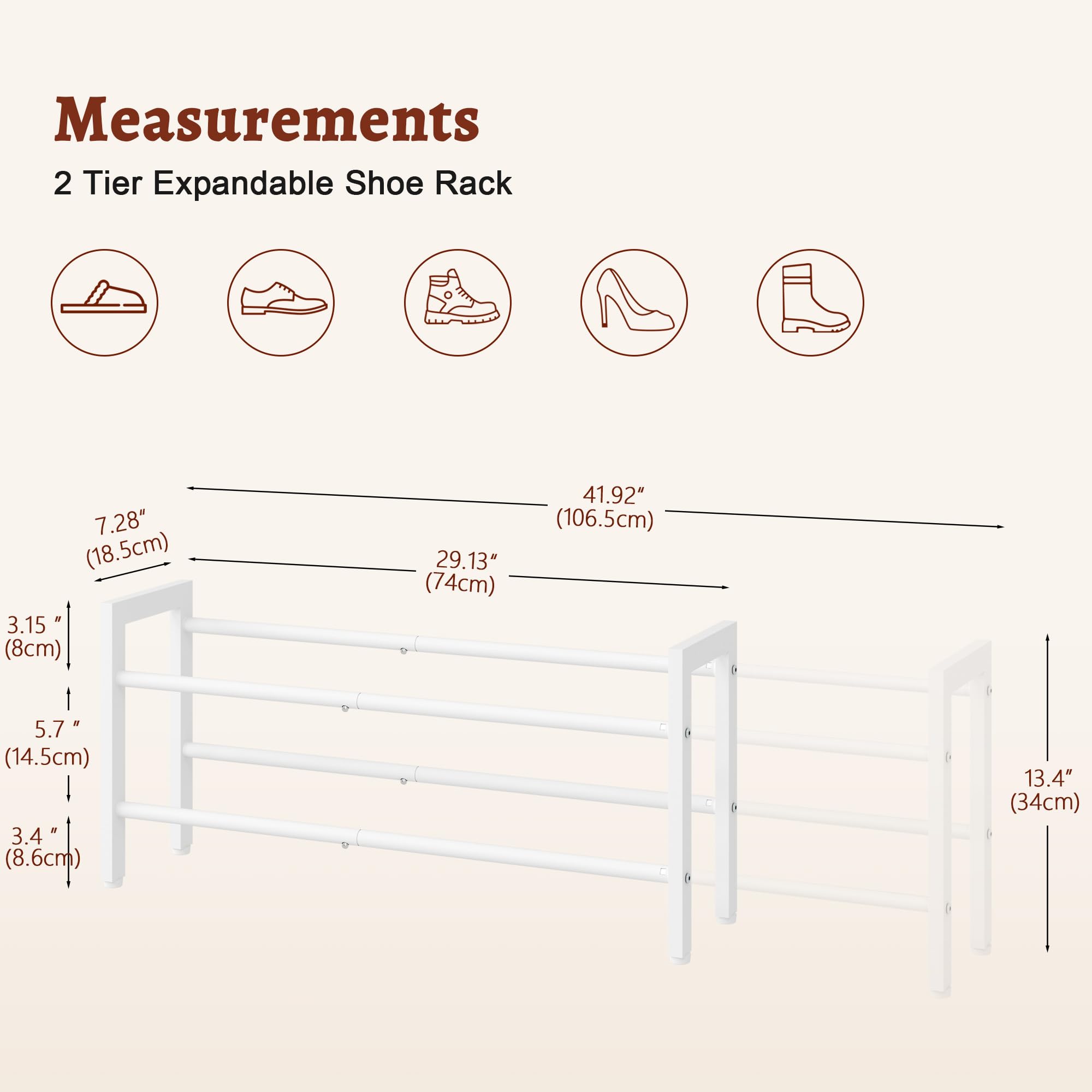 FAVOOSTY 2-Tier Expandable Shoe Rack, Adjustable Shoe Shelf Storage Organizer Space Saving Metal Free Standing Shoe Rack for Entryway Closet Doorway, White