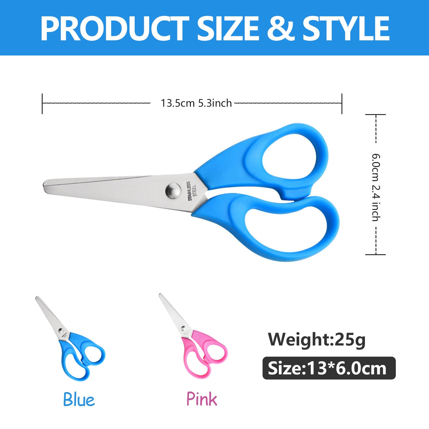 ANJOBIBI Kids Scissors, Blunt-Tip Scissors Stainless Steel Blades & plastic handle, Scissors for School or Crafting, Back to School Supplies,13.5cm, 2 Pack（Blue+Pink)