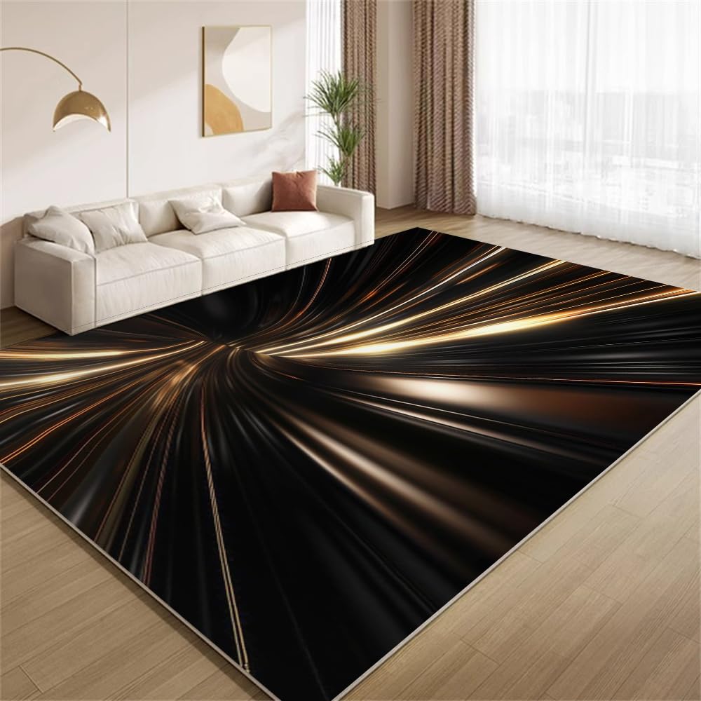 Black and Gold Space Tunnel Area Rug 5x7 Rug Minimalist Black and Gold Lines Rugs Foldable Easy to Clean Comfortable Faux Wool Carpet for Bedroom Living Room Hotel Boy Room Hallway