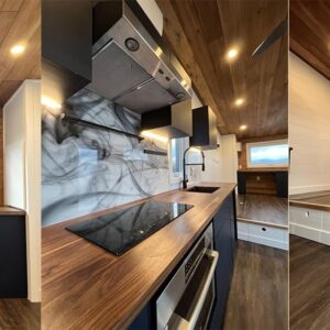 Tiny RV Mobile House with Downstairs Bedroom, Loft, Full Kitchen & Bathroom - Family-Friendly Design with Upraised Living Area, Cedar/Steel Exterior, Double-Pitched Roof - Perfect for Full-Time Living