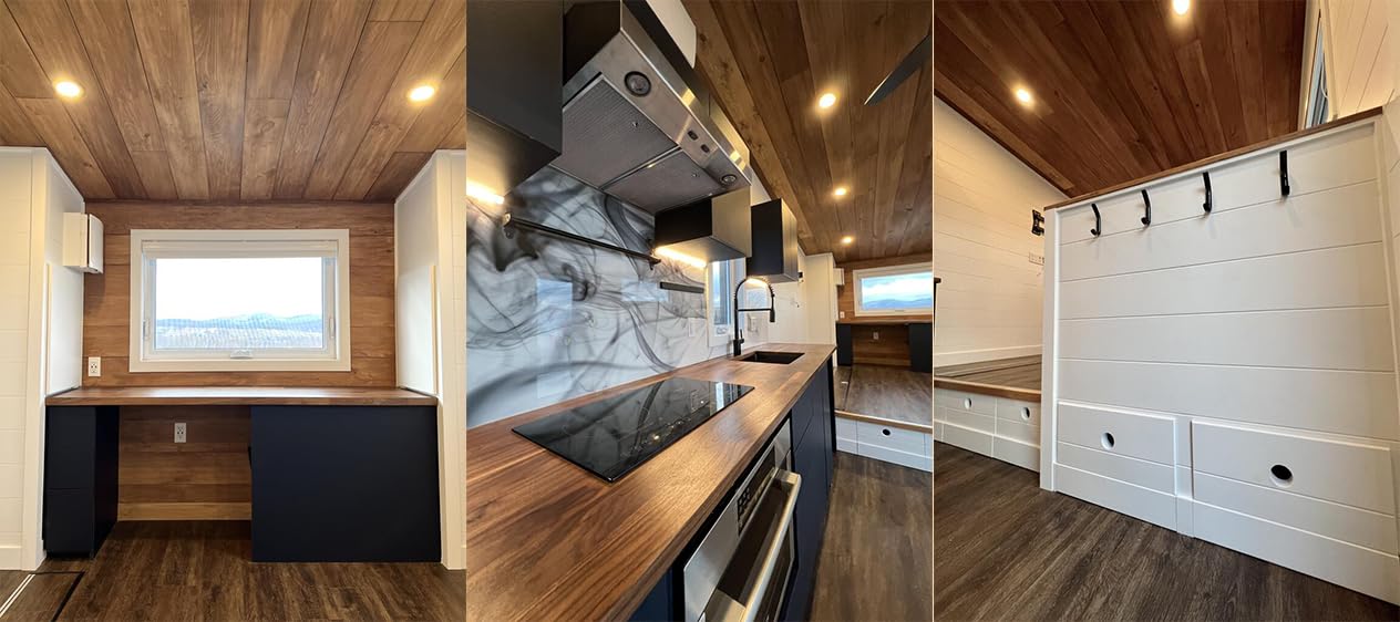 Tiny RV Mobile House with Downstairs Bedroom, Loft, Full Kitchen & Bathroom - Family-Friendly Design with Upraised Living Area, Cedar/Steel Exterior, Double-Pitched Roof - Perfect for Full-Time Living