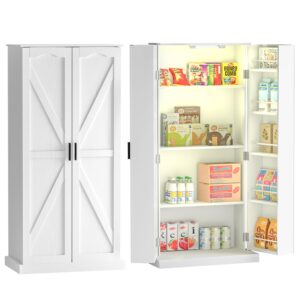 gepelcn 50" led kitchen pantry cabinet farmhouse storage cabinet wood food pantry with barn doors and adjustable shelves freestanding buffet cupboards sideboard for kitchen white