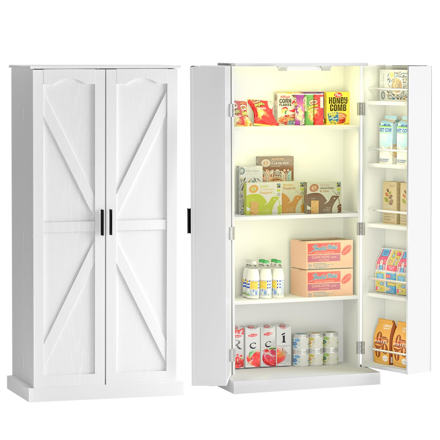 GEPELCN 50" LED Kitchen Pantry Cabinet Farmhouse Storage Cabinet Wood Food Pantry with Barn Doors and Adjustable Shelves Freestanding Buffet Cupboards Sideboard for Kitchen White