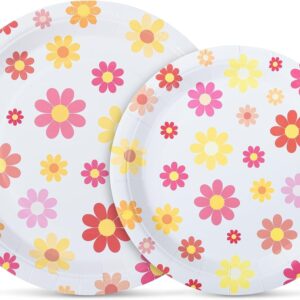 United-Unicorns 48 PCS Groovy Retro Daisy Party Plates - Hippie Boho Flower Round Disposable Plates for 60s and 70s Themed Parties, Birthdays, Baby Showers, Weddings, and Bridal Tableware