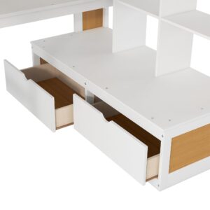 MERITLINE Full Size Loft Bed with Desk and Storage Stairs, Wood Loft Bed Full with Shelves & 2 Storage Drawers,Full Loft Bed with Desk Underneath for Kids Teens Boys Girls,White and Natural